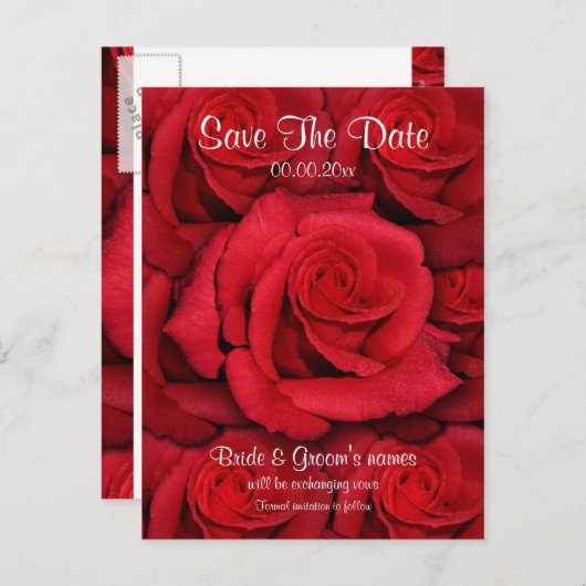 赤いバラ – 結婚式は日付の招待状を保存 案内ポストカード (正面/裏面)