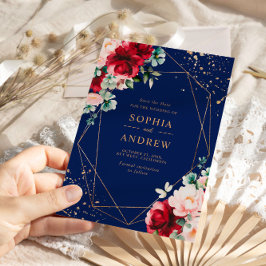 赤いバラ&金ゴールド水の色のフローラ日付を保存 招待状