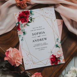 赤いバラ&金ゴールド水の色のフローラ日付を保存 招待状