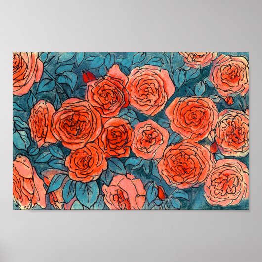 赤いバラ、青い葉バラガーデンサマーフラワー ポスター (正面)