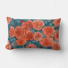 赤いバラ、青い葉バラガーデンサマーフラワー ランバークッション