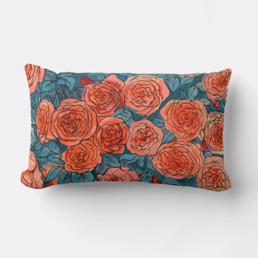 赤いバラ、青い葉バラガーデンサマーフラワー ランバークッション (正面)
