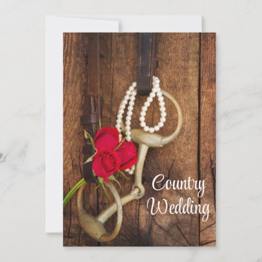 赤いバラ、馬のビットとバーンドウッドカントリーの結婚式 招待状 (正面)