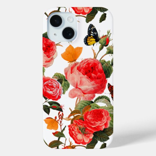 赤いバラ、黄色の蝶ホワイトフローラ Case-Mate iPhoneケース (裏面)