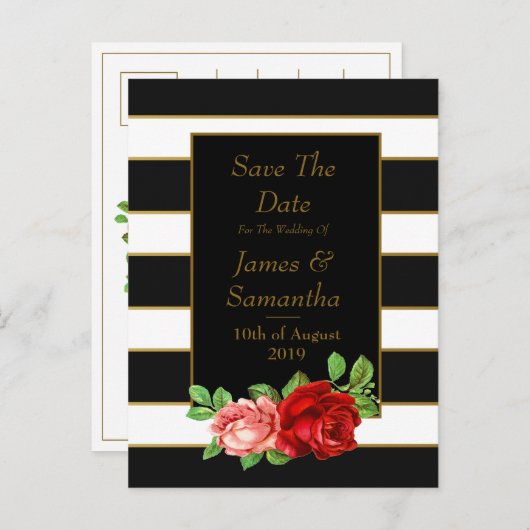 赤いバラ、黒、白と金のストライプ - 案内ポストカード (正面/裏面)