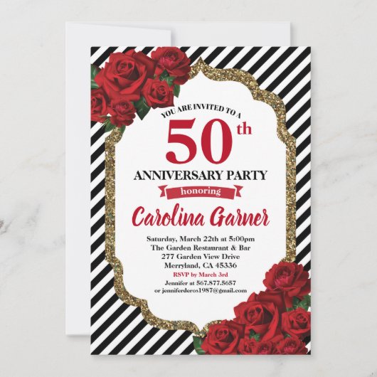 赤いバラ 50周年パーティー招待状 ウェディング 招待状 (正面)