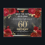 赤いバラ 60歳の誕生日 保存日付 ポストカード<br><div class="desc">赤いバラ、偽の金箔の葉、小さな赤と金の蝶。あらゆる年の誕生日祝いのためのエレガントな花のデザイン。テンプレートで簡単にパーソナライズできます。美しい保存日付の誕生日テンプレートデザイン。</div>