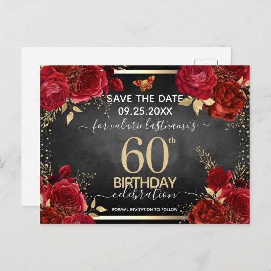 赤いバラ 60歳の誕生日 保存日付 ポストカード (正面/裏面)