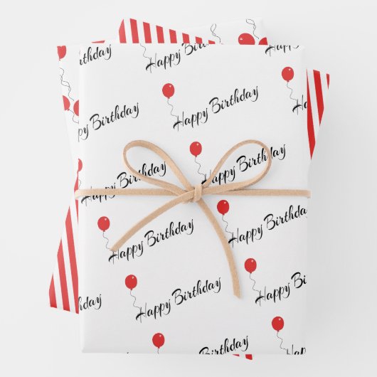赤いバルーンとストライプハッピーバースデー大事な行事 ラッピングペーパーシート (インサイチュ)