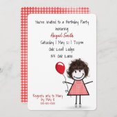 赤いバルーンを持つ誕生日パーティーガール 招待状 (正面/裏面)