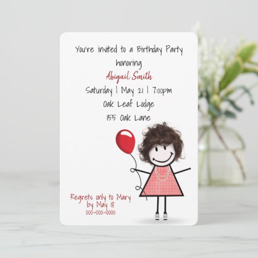 赤いバルーンを持つ誕生日パーティーガール 招待状 (スタンド正面)