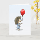 赤いバルーン誕生日カードを持つ女の子 カード (黄色い花)