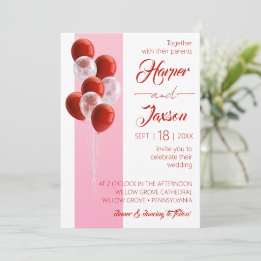 赤いバルーン。エレガントなウェディングカード 招待状 (スタンド正面)