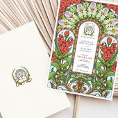 赤いバレリアン＆白いデイジー アートヌーボー ウェディング 招待状