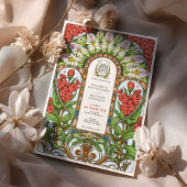 赤いバレリアン＆白いデイジー アートヌーボー ウェディング 招待状