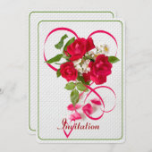 赤いバレンタインのバラおよびリボンのハート 招待状 (正面/裏面)