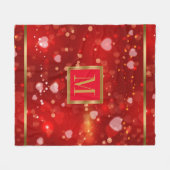 赤いバレンタインハート背景金ゴールドアクセント フリースブランケット (正面(横))