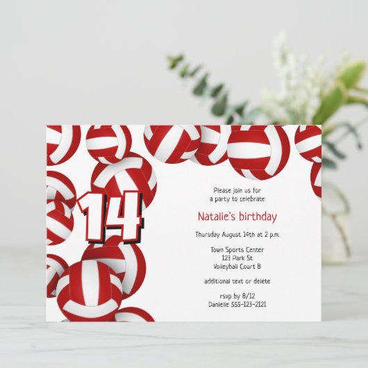 赤いバレーボールの女の子の男の子の誕生日パーティー 招待状 (スタンド正面)