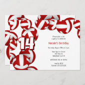 赤いバレーボールの女の子の男の子の誕生日パーティー 招待状 (正面/裏面)