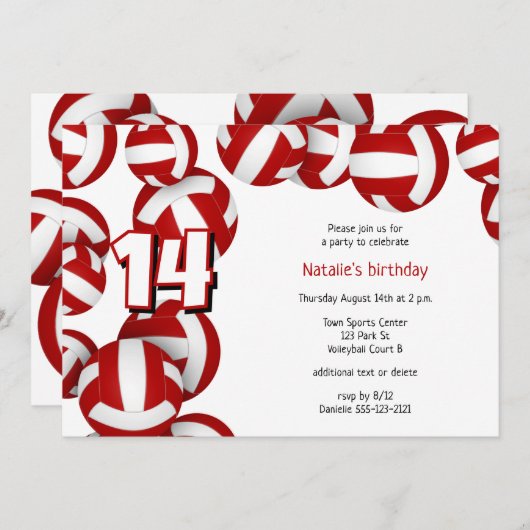 赤いバレーボールの女の子の男の子の誕生日パーティー 招待状 (正面/裏面)