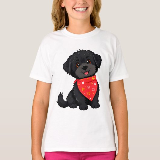 赤いバンダナを着けた愛らしい黒い子犬 Tシャツ (正面)