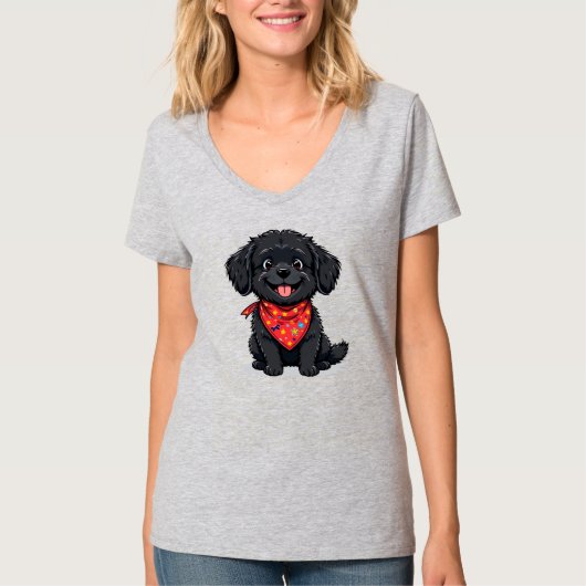 赤いバンダナを着たかわいい黒い子犬 Tシャツ (正面)