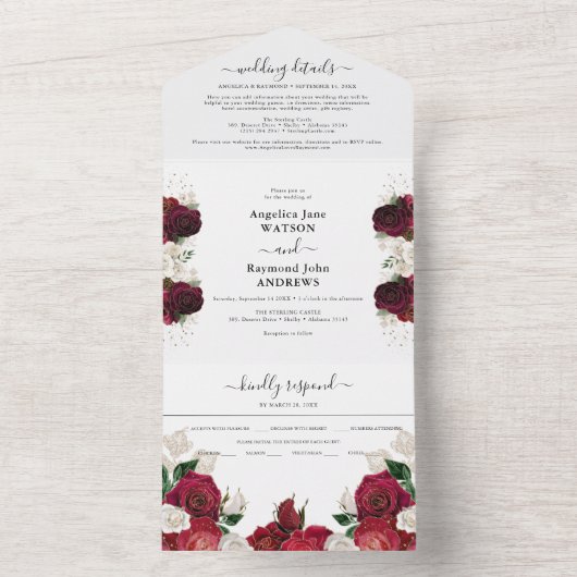 赤いバーガンディと白の花のエレガントなウェディング オールインワン招待状 (内側)