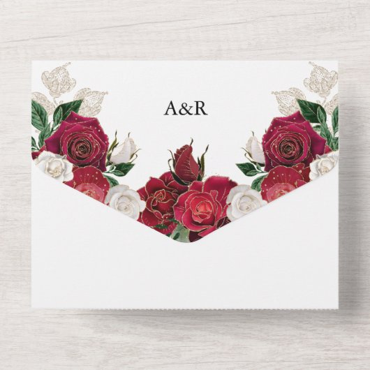 赤いバーガンディと白の花のエレガントなウェディング オールインワン招待状 (裏面)