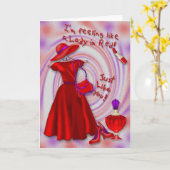 赤いバースデー・カードの女性 カード (黄色い花)