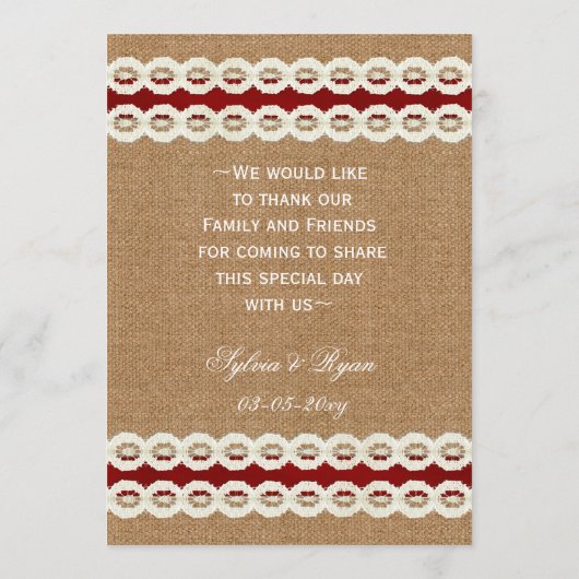 赤いバ素朴ラップとレースの国の結婚式 メニュー (裏面)