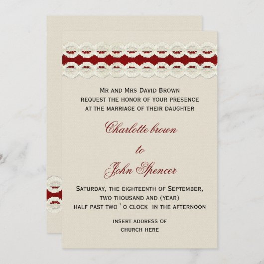 赤いバ素朴ラップとレースの国の結婚式 招待状 (正面/裏面)