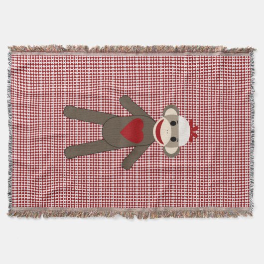 赤いパターンのソックスの猿によって編まれる毛布 スローブランケット (正面)