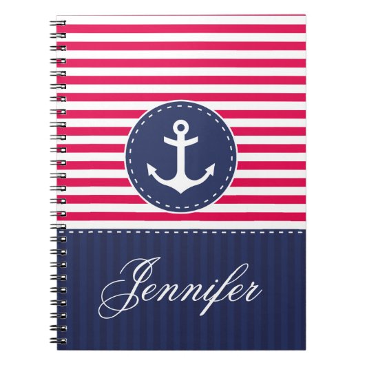 赤いパターン青いいかりのパーソナライズな名前 ノートブック (正面)