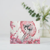 赤いパラソルの花で穏やかな芸者さくらんぼ ポストカード (スタンド正面)