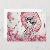 赤いパラソルの花で穏やかな芸者さくらんぼ ポストカード (正面/裏面)