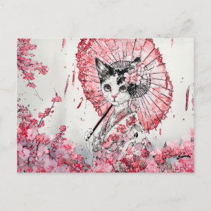 赤いパラソルの花で穏やかな芸者さくらんぼ ポストカード