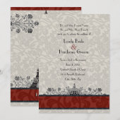赤いパリのダマスク織 エッフェル塔 ウェディング 招待状 (正面/裏面)