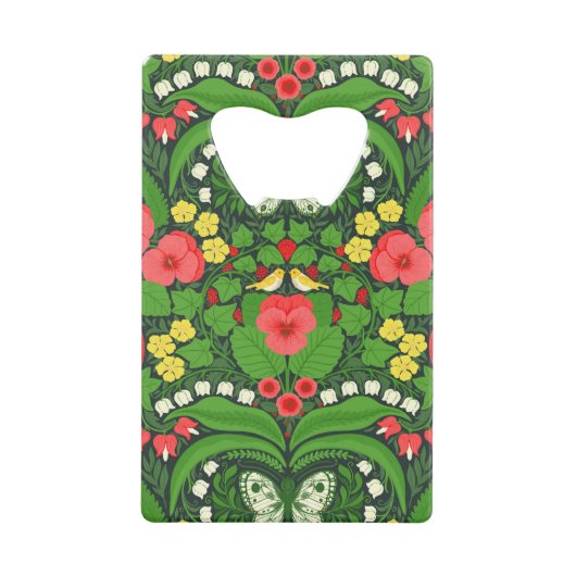 赤いパンジーと鳥と蝶 クレジットカード栓抜き (正面)