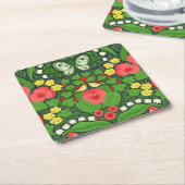 赤いパンジーと鳥と蝶 スクエアペーパーコースター (アングル)