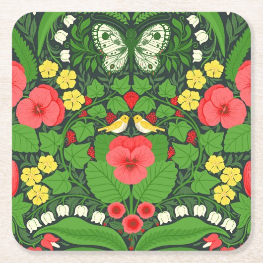 赤いパンジーと鳥と蝶 スクエアペーパーコースター (正面)