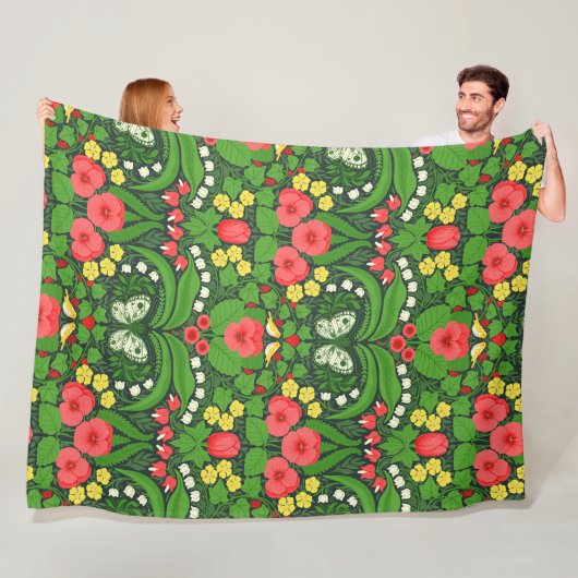 赤いパンジーと鳥と蝶 フリースブランケット (インサイチュ)