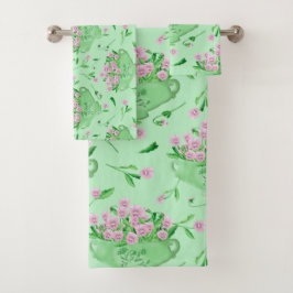 赤いパンジー緑のボウルと背景 バスタオルセット