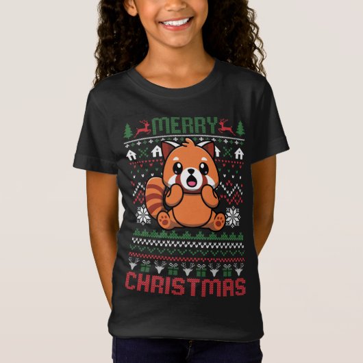 赤いパンダおもしろい醜いクリスマスライトセーター Tシャツ (正面)