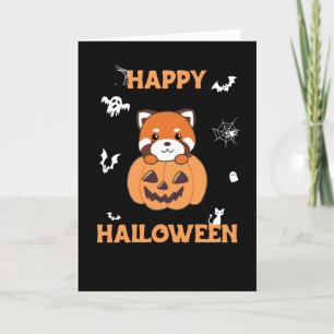 赤いパンダがカボチャに座ってる ハロウィンにぴったりなかわいいパンダたち シーズンカード