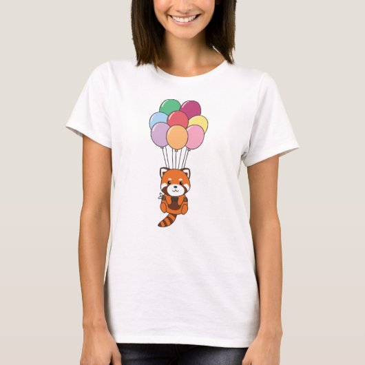 赤いパンダが風船で飛びカラフル上がる Tシャツ (正面)