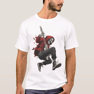 赤いパーカーのスケルトンギタリスト ロック Tシャツ