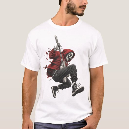 赤いパーカーのスケルトンギタリスト ロック Tシャツ (正面)