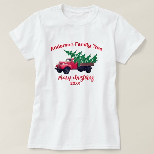 赤いパーソナライズされたトラックメリークリスマスファミリー Tシャツ (デザイン正面)