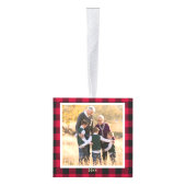 赤いパーソナライズされたバッファローのプレイドのクリスマスフォト キューブオーナメント (右)