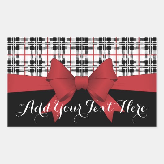 赤いパーソナライズされたリボンとタータンチェック板 長方形シール (正面)
